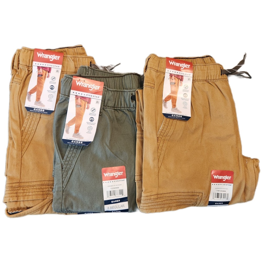 Wrangler Boys Five Star Gamer Pants Bundle 3pk Tan Olive Green Size 8 Regular